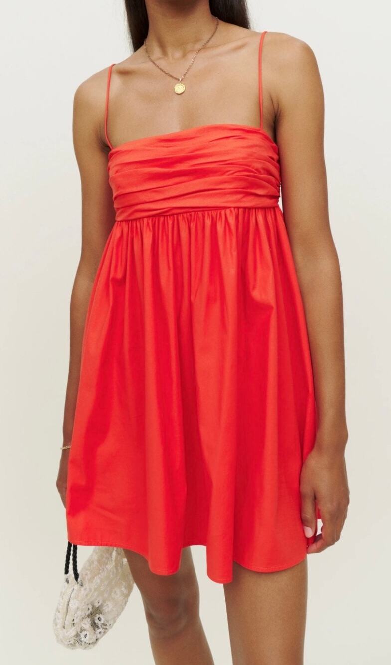 Reformation Mini Dress Catarina Red Cotton Square Neckline Babydoll size 12